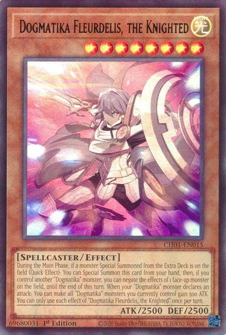 Dogmatika Fleurdelis, the Knighted trading card from THE CHRONICLES DECK: The Fallen & The Virtuous (All-Foil Edition) Dogmatika Fleurdelis, the Knighted - THE CHRONICLES DECK: The Fallen & The Virtuous (All-Foil Edition) YuGiOh trading card