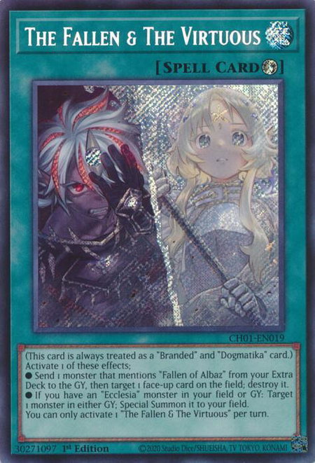 The Fallen & The Virtuous (Secret Rare) trading card from THE CHRONICLES DECK: The Fallen & The Virtuous (All-Foil Edition) The Fallen & The Virtuous (Secret Rare) - THE CHRONICLES DECK: The Fallen & The Virtuous (All-Foil Edition) YuGiOh trading card