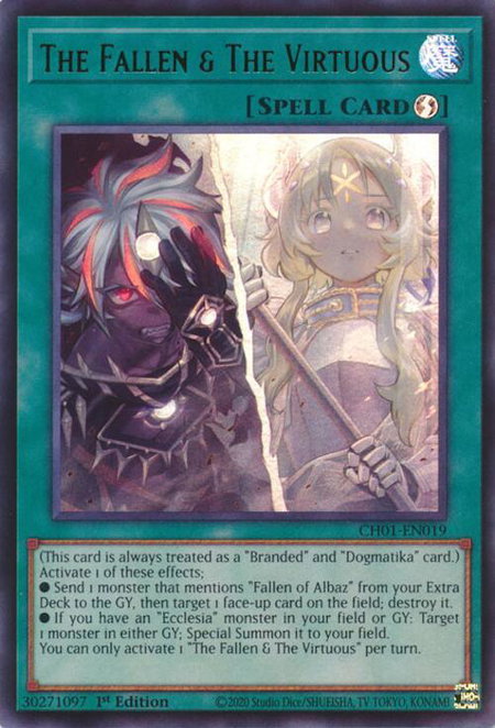 The Fallen & The Virtuous trading card from THE CHRONICLES DECK: The Fallen & The Virtuous (All-Foil Edition) The Fallen & The Virtuous - THE CHRONICLES DECK: The Fallen & The Virtuous (All-Foil Edition) YuGiOh trading card