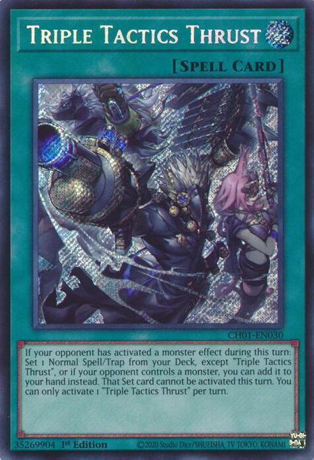 Triple Tactics Thrust (Secret Rare) trading card from THE CHRONICLES DECK: The Fallen & The Virtuous (All-Foil Edition) Triple Tactics Thrust (Secret Rare) - THE CHRONICLES DECK: The Fallen & The Virtuous (All-Foil Edition) YuGiOh trading card