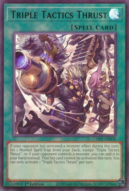 Triple Tactics Thrust trading card from THE CHRONICLES DECK: The Fallen & The Virtuous (All-Foil Edition) Triple Tactics Thrust - THE CHRONICLES DECK: The Fallen & The Virtuous (All-Foil Edition) YuGiOh trading card