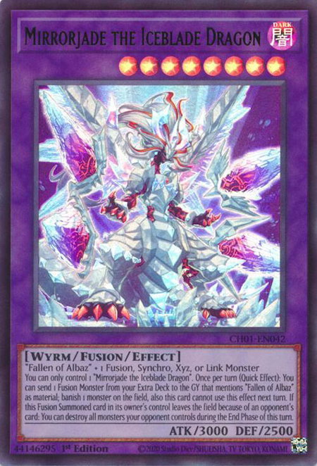 Mirrorjade the Iceblade Dragon trading card from THE CHRONICLES DECK: The Fallen & The Virtuous (All-Foil Edition) Mirrorjade the Iceblade Dragon - THE CHRONICLES DECK: The Fallen & The Virtuous (All-Foil Edition) YuGiOh trading card
