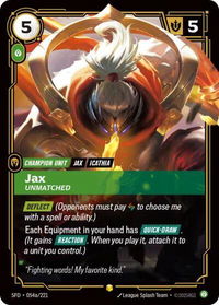 Jax - Unmatched (Alternate Art) - Spiritforged (SFD) #054a/221 - Showcase Riftbound Trading Card