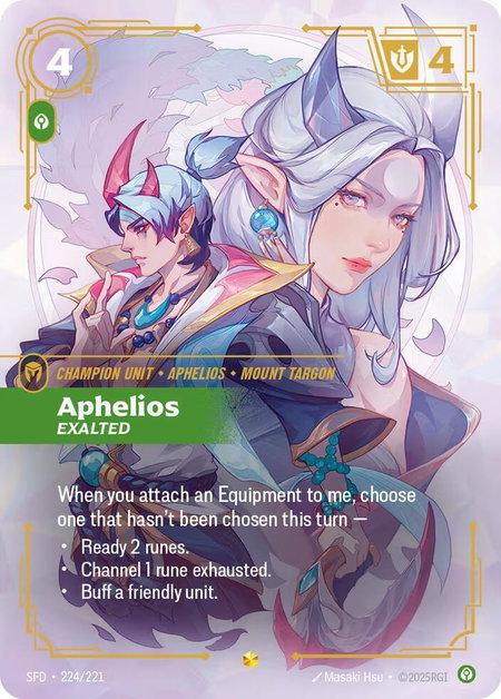 Aphelios - Exalted (Overnumbered) trading card from Spiritforged Aphelios - Exalted (Overnumbered) - Spiritforged Riftbound trading card