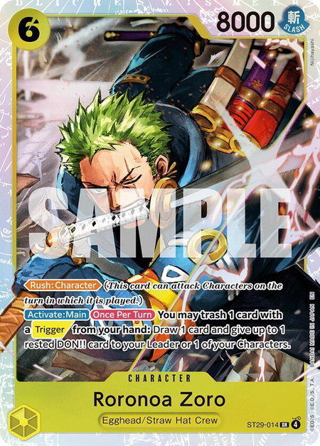 Roronoa Zoro trading card from Starter Deck 29: Egghead Roronoa Zoro - Starter Deck 29: Egghead One Piece trading card