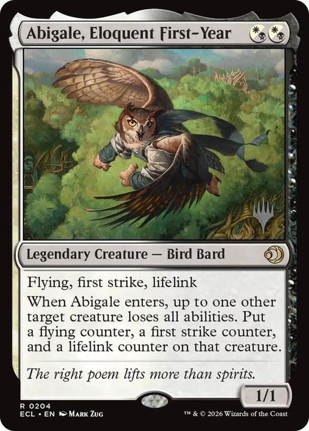 Abigale, Eloquent First-Year trading card from Promo Pack: Lorwyn Eclipsed Abigale, Eloquent First-Year - Promo Pack: Lorwyn Eclipsed Magic: The Gathering trading card