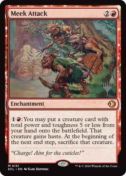 Meek Attack trading card from Promo Pack: Lorwyn Eclipsed Meek Attack - Promo Pack: Lorwyn Eclipsed Magic: The Gathering trading card