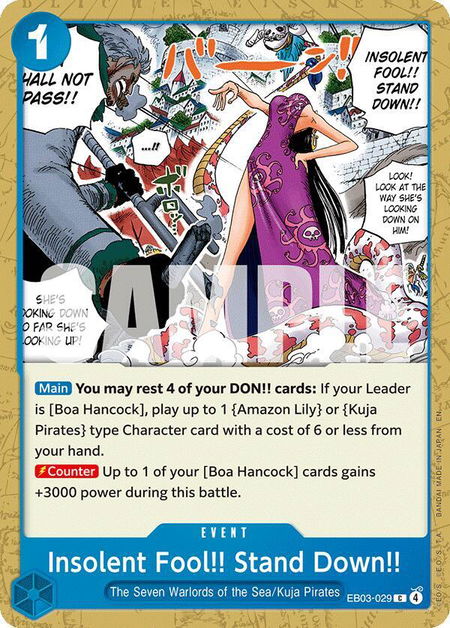 Insolent Fool!! Stand Down!! trading card from Extra Booster: One Piece Heroines Edition Insolent Fool!! Stand Down!! - Extra Booster: One Piece Heroines Edition One Piece trading card
