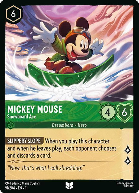 Mickey Mouse - Snowboard Ace trading card from Winterspell Mickey Mouse - Snowboard Ace - Winterspell Disney Lorcana trading card