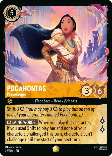 Pocahontas - Peacekeeper trading card from Winterspell Pocahontas - Peacekeeper - Winterspell Disney Lorcana trading card