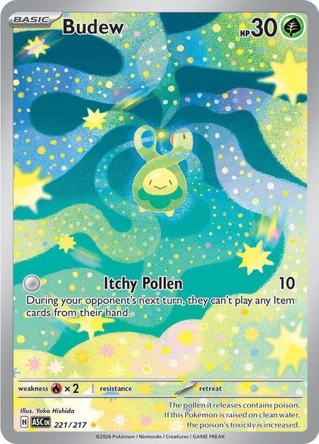 Budew - 221/217 trading card from ME: Ascended Heroes Budew - 221/217 - ME: Ascended Heroes Pokémon trading card