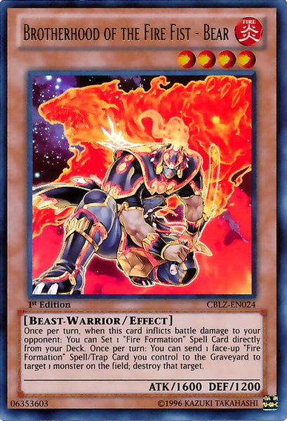 Brotherhood of the Fire Fist - Bear trading card from Cosmo Blazer Brotherhood of the Fire Fist - Bear - Cosmo Blazer YuGiOh trading card