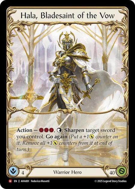 Hala, Bladesaint of the Vow trading card from Armory Deck Origins: Hala Hala, Bladesaint of the Vow - Armory Deck Origins: Hala Flesh and Blood trading card