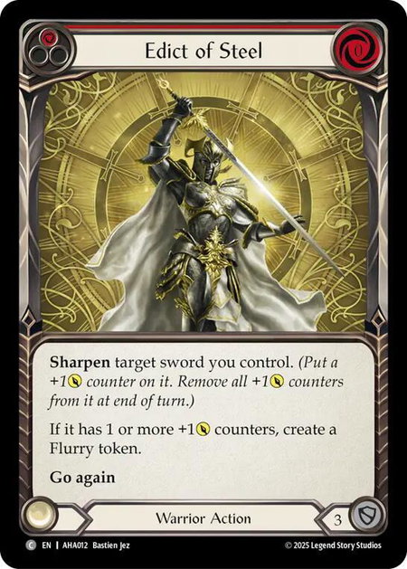 Edict of Steel (Red) trading card from Armory Deck Origins: Hala Edict of Steel (Red) - Armory Deck Origins: Hala Flesh and Blood trading card