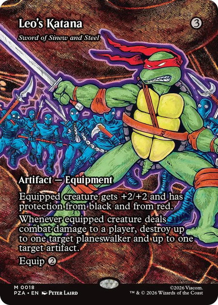 Leo's Katana - Sword of Sinew and Steel (Borderless) trading card from Teenage Mutant Ninja Turtles Source Material Leo's Katana - Sword of Sinew and Steel (Borderless) - Teenage Mutant Ninja Turtles Source Material Magic: The Gathering trading card