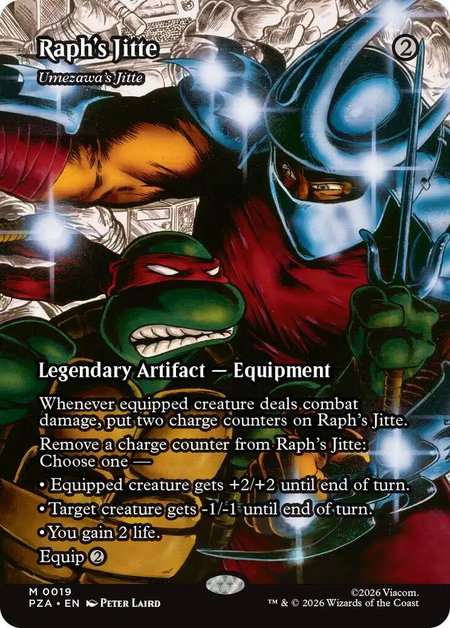 Raph's Jitte - Umezawa's Jitte (Borderless) trading card from Teenage Mutant Ninja Turtles Source Material Raph's Jitte - Umezawa's Jitte (Borderless) - Teenage Mutant Ninja Turtles Source Material Magic: The Gathering trading card