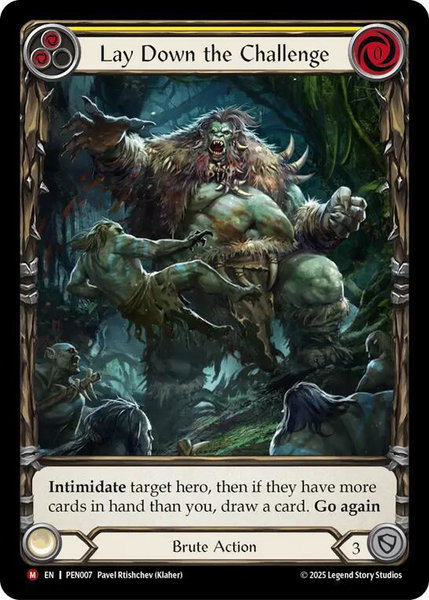 Lay Down The Challenge (Yellow) (Extended Art) trading card from Compendium of Rathe Lay Down The Challenge (Yellow) (Extended Art) - Compendium of Rathe Flesh and Blood trading card