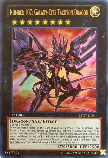 Number 107: Galaxy-Eyes Tachyon Dragon trading card from Lord of the Tachyon Galaxy Number 107: Galaxy-Eyes Tachyon Dragon - Lord of the Tachyon Galaxy YuGiOh trading card