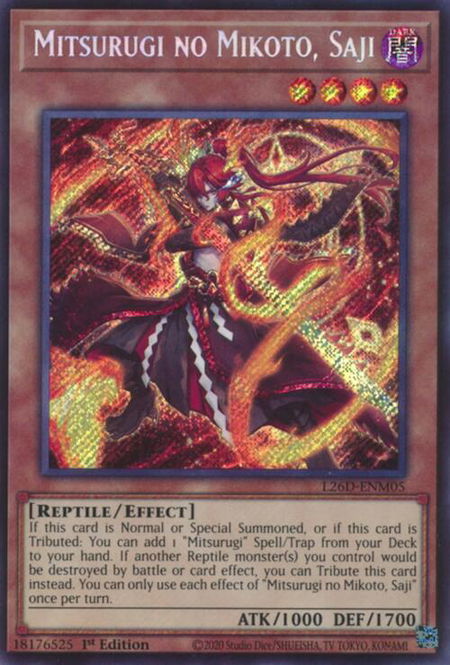 Mitsurugi no Mikoto, Saji (Secret Rare) trading card from Legendary Modern Decks 2026 Mitsurugi no Mikoto, Saji (Secret Rare) - Legendary Modern Decks 2026 YuGiOh trading card