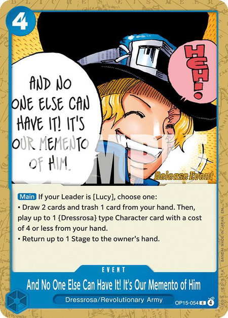 And No One Else Can Have It! It's Our Memento of Him trading card from Adventure on Kami's Island Release Event Cards And No One Else Can Have It! It's Our Memento of Him - Adventure on Kami's Island Release Event Cards One Piece trading card