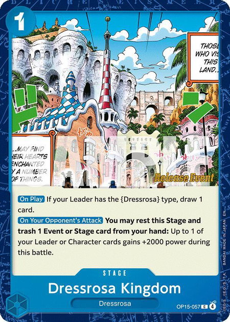 Dressrosa Kingdom trading card from Adventure on Kami's Island Release Event Cards Dressrosa Kingdom - Adventure on Kami's Island Release Event Cards One Piece trading card
