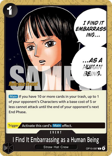 I Find It Embarrassing as a Human Being trading card from Adventure on Kami's Island Release Event Cards I Find It Embarrassing as a Human Being - Adventure on Kami's Island Release Event Cards One Piece trading card
