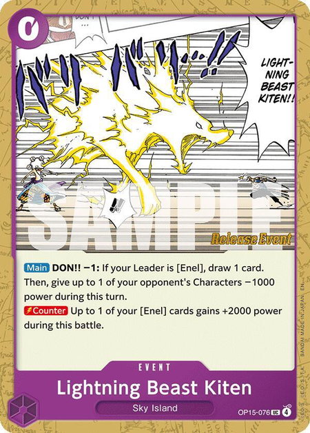 Lightning Beast Kiten trading card from Adventure on Kami's Island Release Event Cards Lightning Beast Kiten - Adventure on Kami's Island Release Event Cards One Piece trading card