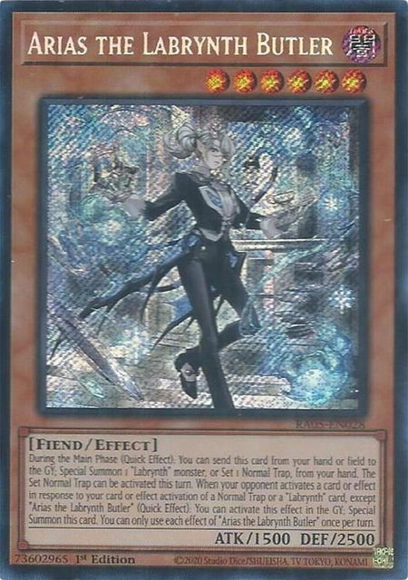Arias the Labrynth Butler (Secret Rare) trading card from Rarity Collection 5 Arias the Labrynth Butler (Secret Rare) - Rarity Collection 5 YuGiOh trading card