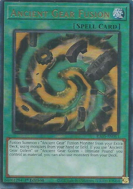 Ancient Gear Fusion (Ultimate Rare) trading card from Rarity Collection 5 Ancient Gear Fusion (Ultimate Rare) - Rarity Collection 5 YuGiOh trading card