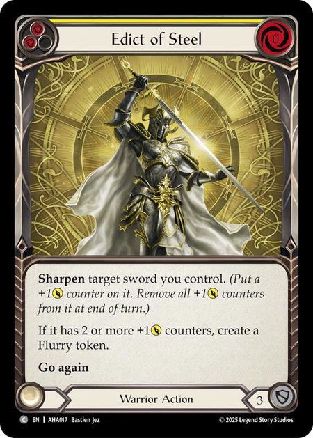 Edict Of Steel (Yellow) trading card from Armory Deck Origins: Hala Edict Of Steel (Yellow) - Armory Deck Origins: Hala Flesh and Blood trading card