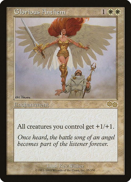 Glorious Anthem trading card from Urza's Saga Glorious Anthem - Urza's Saga Magic: The Gathering trading card