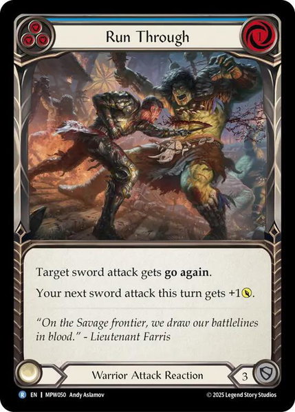 Run Through (Blue) trading card from Mastery Pack Warrior Run Through (Blue) - Mastery Pack Warrior Flesh and Blood trading card