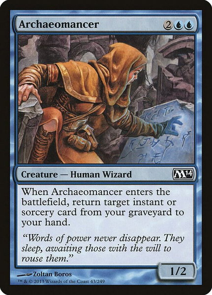 Archaeomancer trading card from Magic 2014 (M14) Archaeomancer - Magic 2014 (M14) Magic: The Gathering trading card
