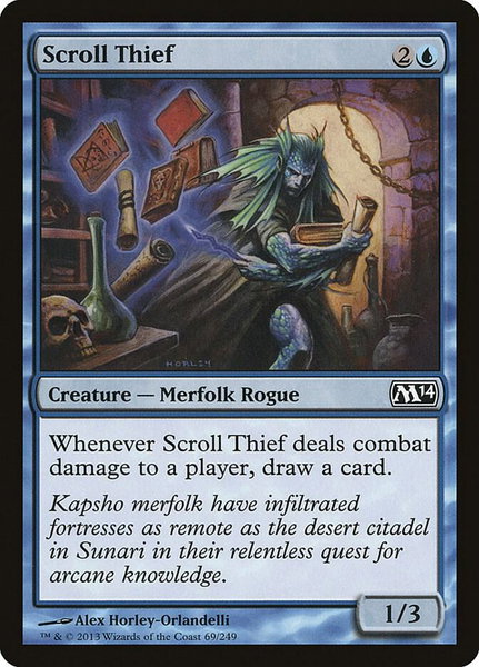 Scroll Thief trading card from Magic 2014 (M14) Scroll Thief - Magic 2014 (M14) Magic: The Gathering trading card