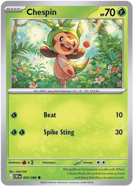 Chespin - 005/086 trading card from ME04: Chaos Rising Chespin - 005/086 - ME04: Chaos Rising Pokémon trading card