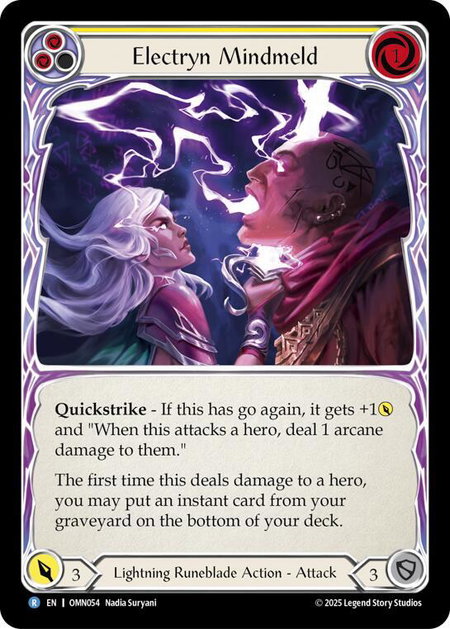 Electryn Mindmeld (Yellow) trading card from Omens of the Third Age Electryn Mindmeld (Yellow) - Omens of the Third Age Flesh and Blood trading card