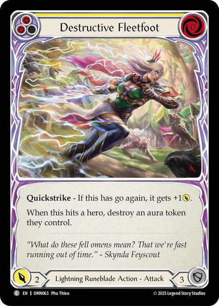 Destructive Fleetfoot (Yellow) trading card from Omens of the Third Age Destructive Fleetfoot (Yellow) - Omens of the Third Age Flesh and Blood trading card