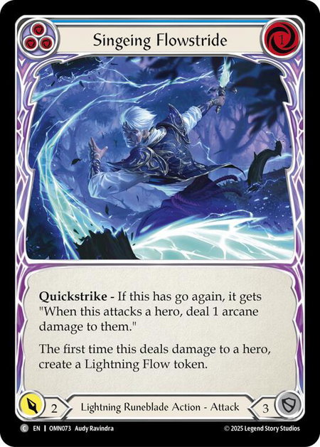 Singeing Flowstride (Blue) trading card from Omens of the Third Age Singeing Flowstride (Blue) - Omens of the Third Age Flesh and Blood trading card