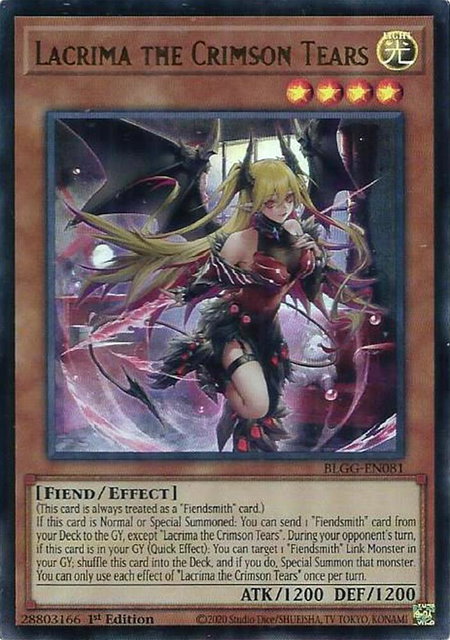Lacrima the Crimson Tears trading card from Battles of Legend: Glorious Gallery Lacrima the Crimson Tears - Battles of Legend: Glorious Gallery YuGiOh trading card
