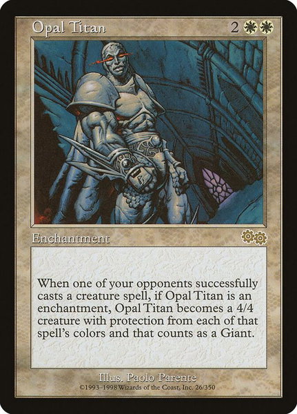 Opal Titan trading card from Urza's Saga Opal Titan - Urza's Saga Magic: The Gathering trading card