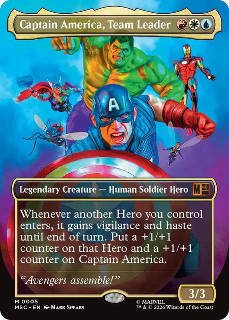 Captain America, Team Leader (Borderless) - Commander: Marvel Super Heroes Magic: The Gathering trading card