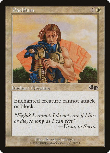 Pacifism trading card from Urza's Saga Pacifism - Urza's Saga Magic: The Gathering trading card