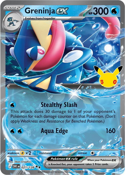 Greninja ex - 021/128 trading card from ME: 30th Celebration Greninja ex - 021/128 - ME: 30th Celebration Pokémon trading card