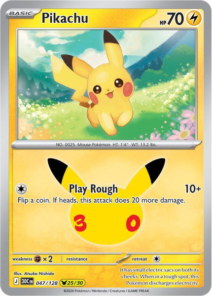 Pikachu - 047/128 trading card from ME: 30th Celebration Pikachu - 047/128 - ME: 30th Celebration Pokémon trading card