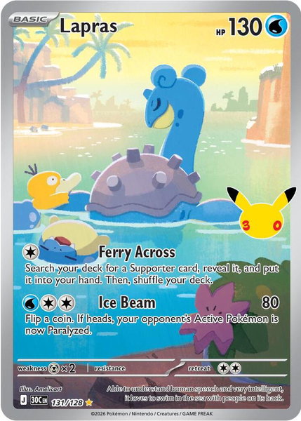 Lapras - 131/128 trading card from ME: 30th Celebration Lapras - 131/128 - ME: 30th Celebration Pokémon trading card