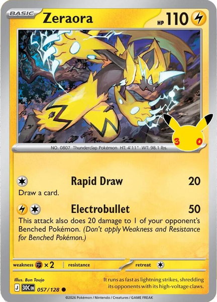 Zeraora trading card from ME: 30th Celebration Zeraora - ME: 30th Celebration Pokémon trading card