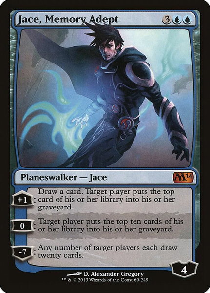 Jace, Memory Adept trading card from Magic 2014 (M14) Jace, Memory Adept - Magic 2014 (M14) Magic: The Gathering trading card