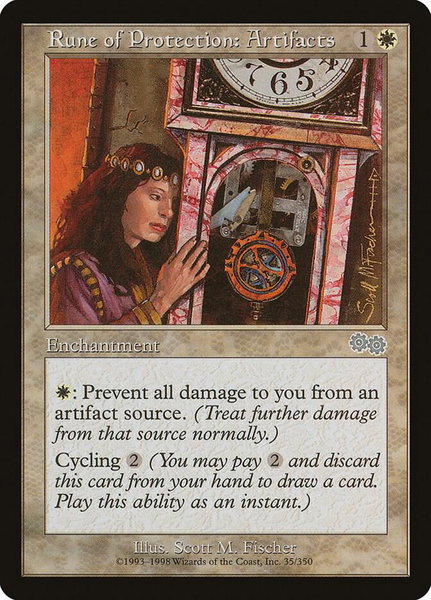 Rune of Protection: Artifacts trading card from Urza's Saga Rune of Protection: Artifacts - Urza's Saga Magic: The Gathering trading card