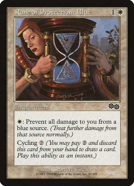 Rune of Protection: Blue trading card from Urza's Saga Rune of Protection: Blue - Urza's Saga Magic: The Gathering trading card