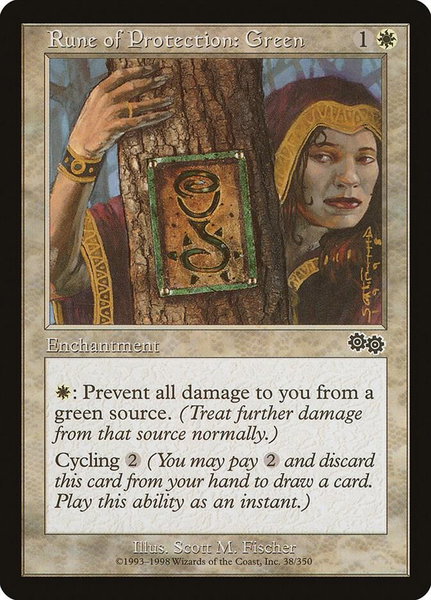 Rune of Protection: Green trading card from Urza's Saga Rune of Protection: Green - Urza's Saga Magic: The Gathering trading card